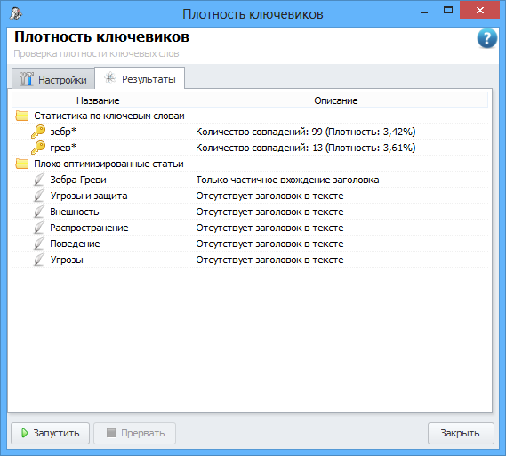 Статистика плотности ключевых слов